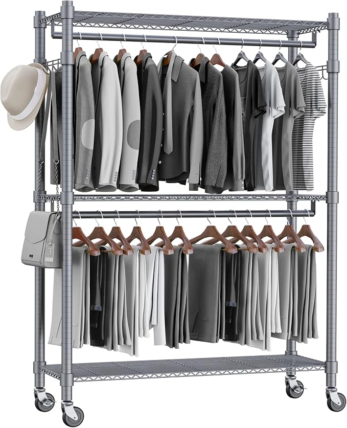 Homdox Rolling Clothes Rack Heavy Duty, 3-Tier Adjustable Wire Shelving Garment by HOMDOX