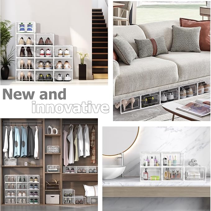 12 Pack X-Large Modular Clear Plastic Stackable Shoe Storage Organizer - Image 7