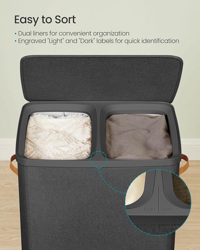 SONGMICS Laundry Basket, 44.9 Gal. Laundry Hamper, 2 Compartments, Easy Assembly - Image 3