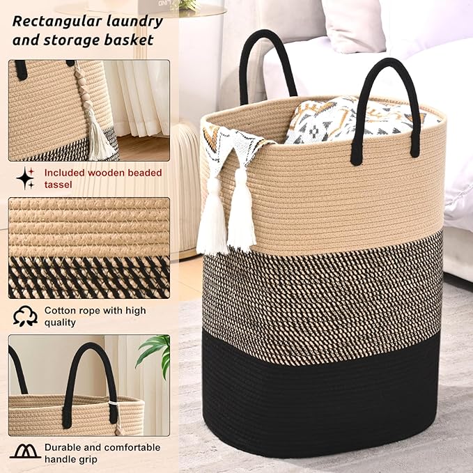 Woven Laundry Basket for Clothes, 65L Large Rectangle Laundry Hampers - Image 3