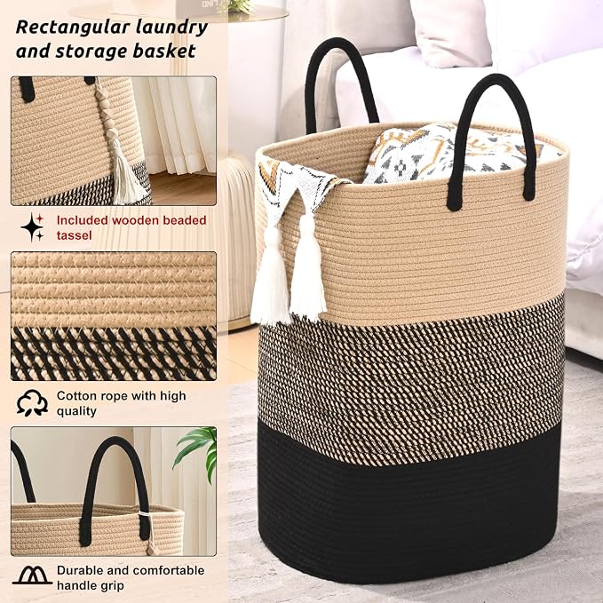 Woven Laundry Basket for Clothes, 50 L Large Rectangle Laundry Hampers - Image 3