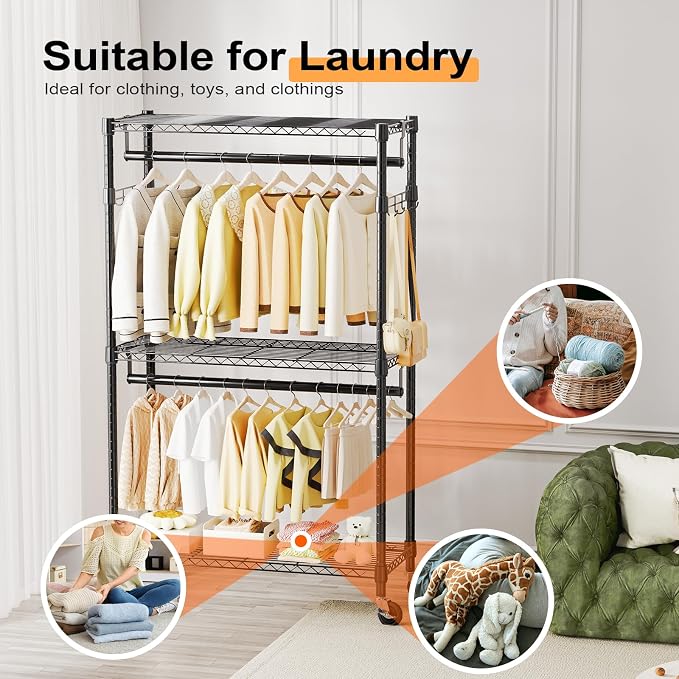 Heavy Duty Rolling Garment Rack 3 Tiers Adjustable Wire Shelving Clothes Rack - Image 5