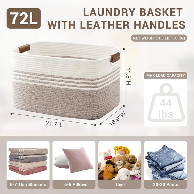 72L Large Laundry Basket with Leather Handles - Image 2