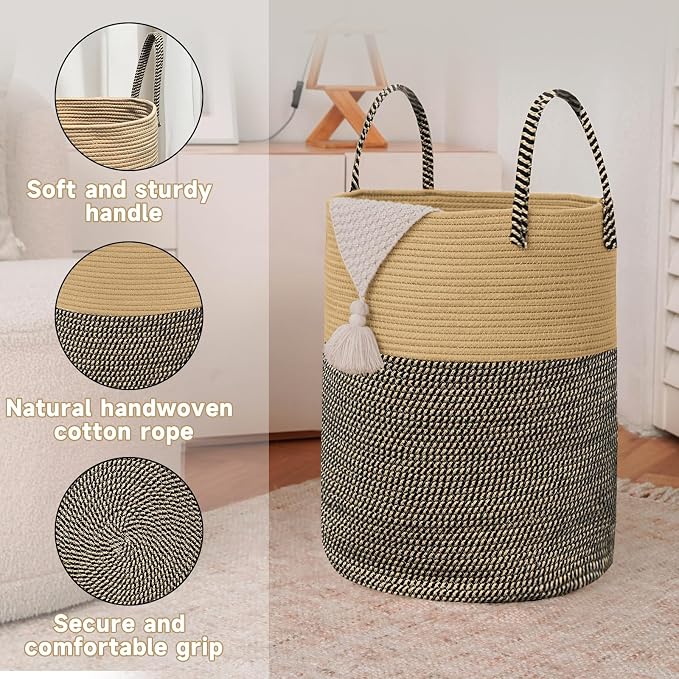 Large Woven Laundry Basket Hamper, 80L Cotton Rope Storage Bin - Image 6