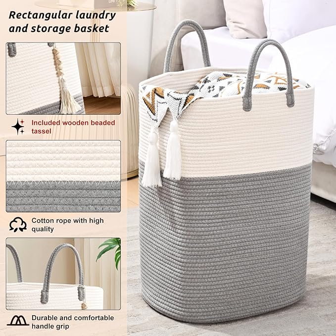 Woven Laundry Basket for Clothes, 65L Large Rectangle Laundry Hampers - Image 3
