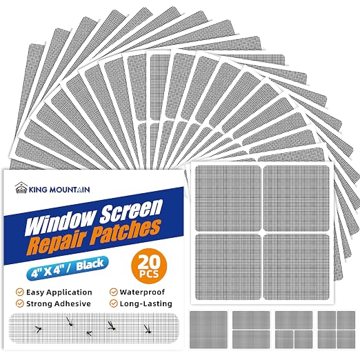 KING MOUNTAIN 20 Sheets Black Window Screen Repair Patches, 4×4 in Window by ForABetterHomeLife