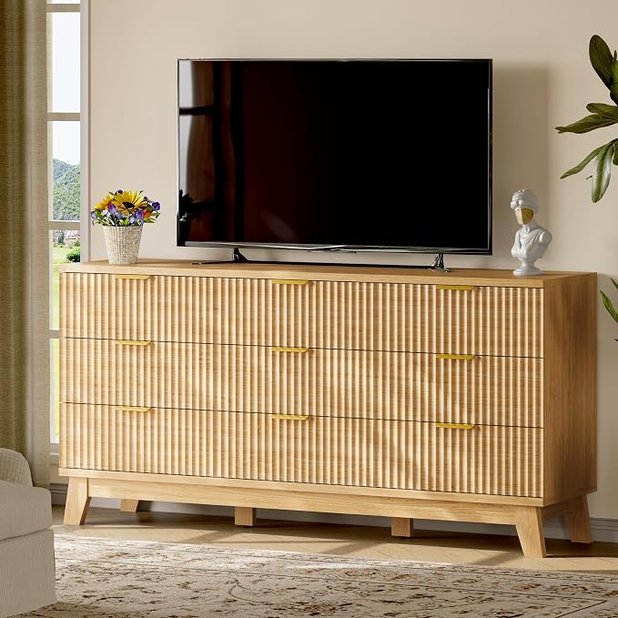 Fluted Dresser with 9 Drawers, Wooden Dresser TV Stand, Wood Closet Clothes - Image 7