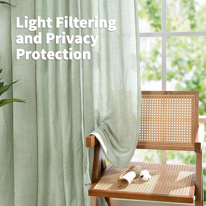 YoungsTex Sage Green Linen Curtains 90 Inch Length Living Room, Textured Semi - Image 3
