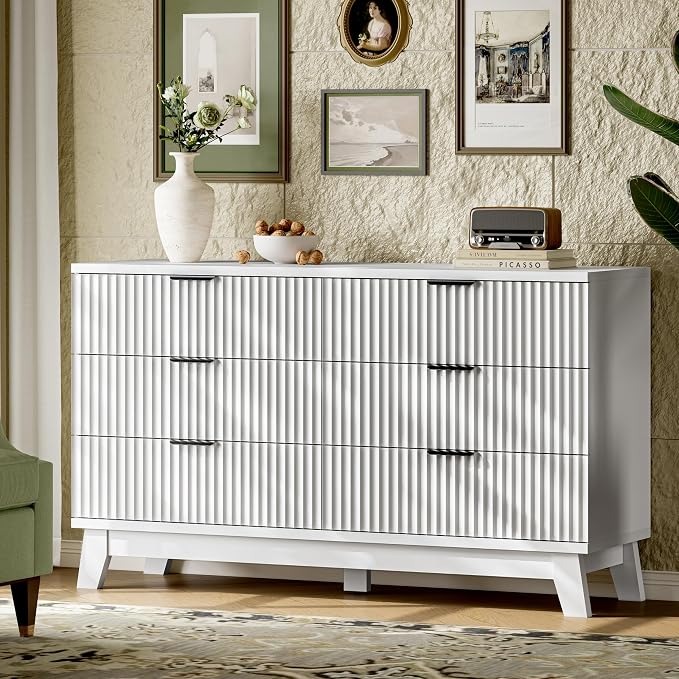 Fluted Dresser with 6 Drawers, Wooden Dresser TV Stand, Wood Closet Clothes - Image 3