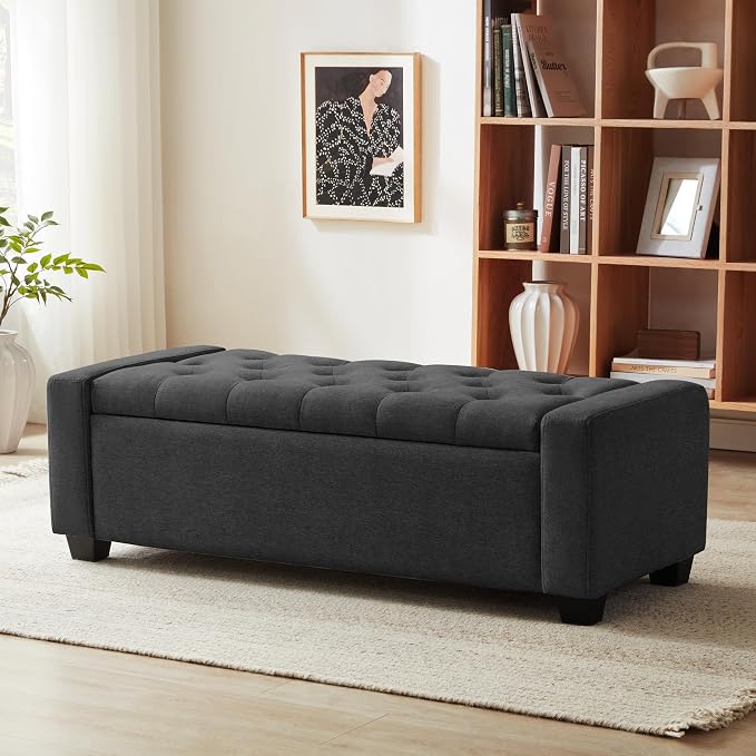 48" Ottoman with Storage, Storage Ottoman Bench with Safety Hinge, Upholstered by huateanhome