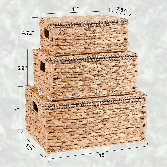 Wicker Storage Baskets with Lids and Handles, Hand Woven Rattan Storage Bins Box - Image 2