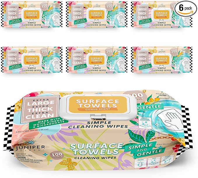 6 Packs Surface Cleaning Wipes Bleach Free, Thick & Large Dispose, All-Purpose by JuniperCLEAN