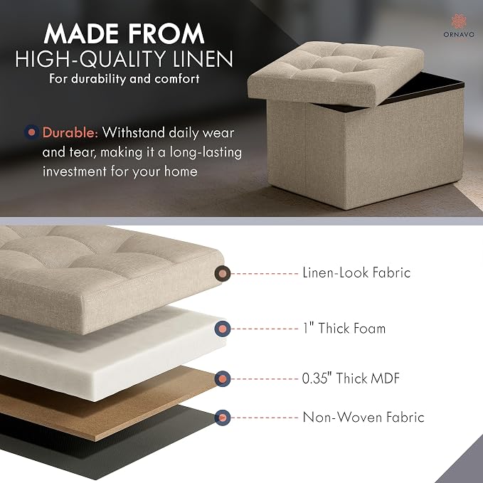 Ornavo Home Small Storage Ottoman Foldable Collapsible Rectangle Linen Ottoman - Image 4