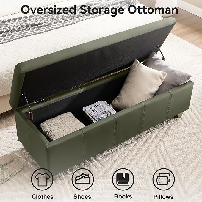 51" Faux Leather Storage Ottoman, Stitch Tufted Rectangle Upholstered End of - Image 3
