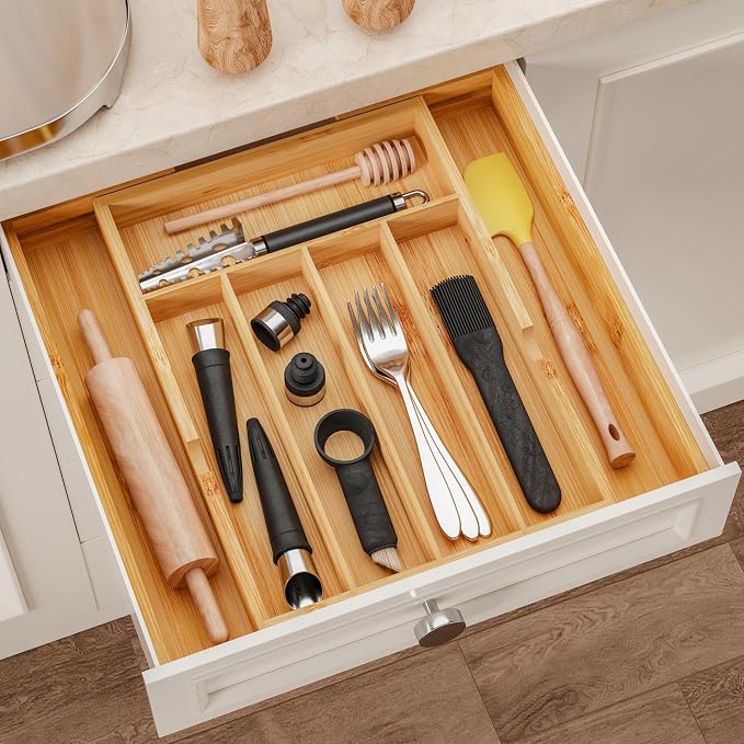 BAMEOS Bamboo Expandable Drawer Organizer, 5-7 Slots Kitchen Drawer Organizer - Image 5