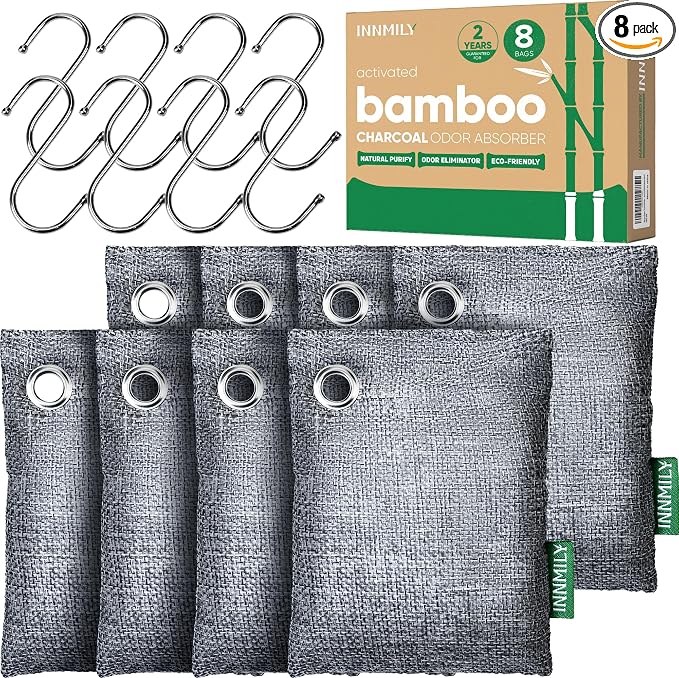 Activated Charcoal Odor Absorber, 8 Pack w Hooks Nature Odor Eliminator by Innmily