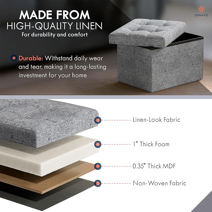 Ornavo Home Small Storage Ottoman, Foldable Collapsible Rectangle Linen Ottoman - Image 4