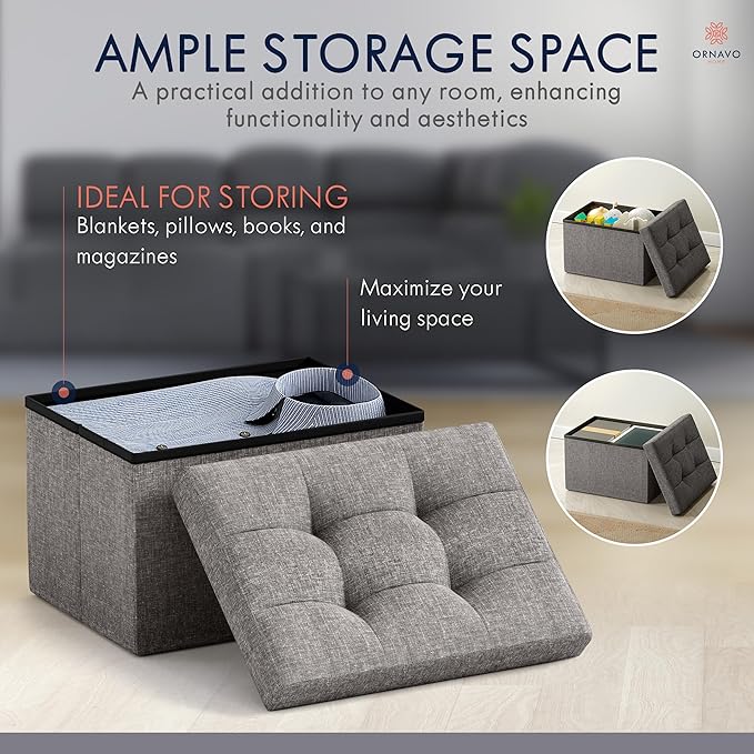 Ornavo Home Small Storage Ottoman Foldable Collapsible Rectangle Linen Ottoman - Image 3
