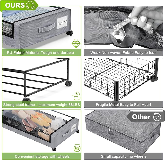 Under Bed Storage with Wheels, Underbed Storage Bins, XXL 60L Rolling Metal - Image 3