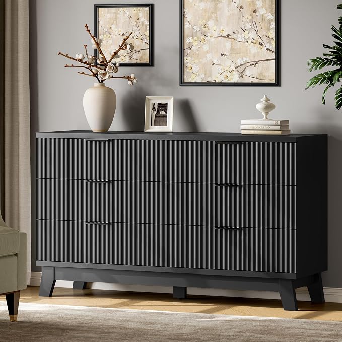 Fluted Dresser with 6 Drawers, Wooden Dresser TV Stand, Wood Closet Clothes - Image 3