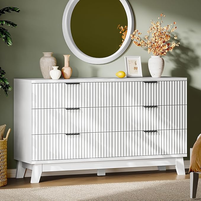 Fluted Dresser with 6 Drawers, Wooden Dresser TV Stand, Wood Closet Clothes by Xixini