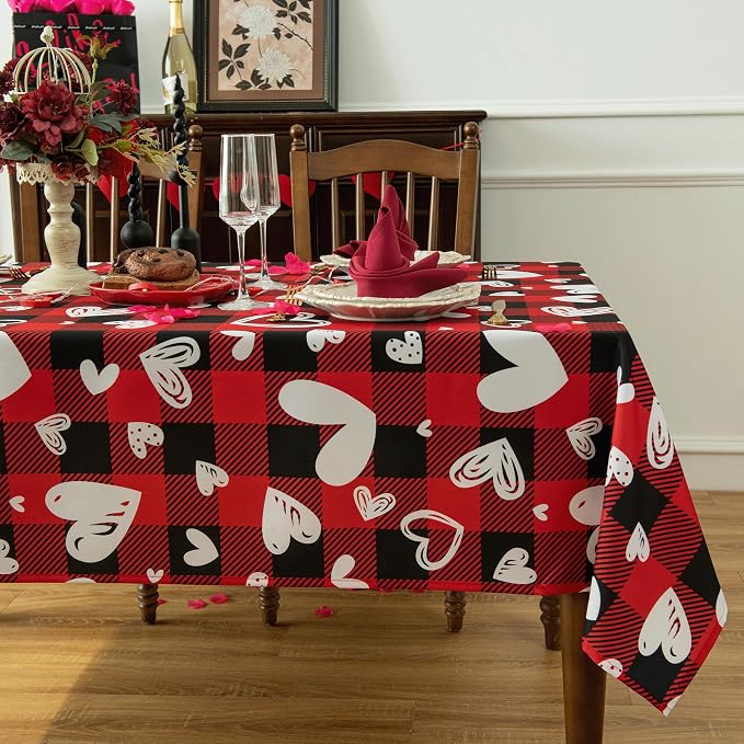 Red Waterproof Plaid Valentines’ Day Tablecloth Fabric by Essifunia