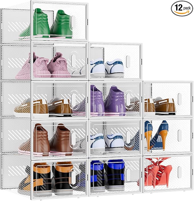 BALEINE 12 Pack Stackable Shoe Storage Boxes Fit Size 11, Thickened Clear Shoe by BALEINE