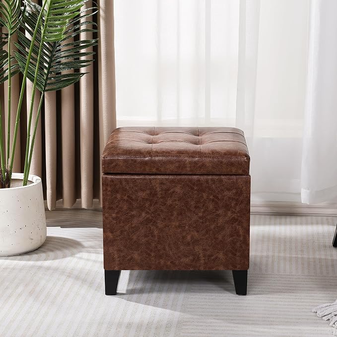 Adeco 18" Storage Ottoman Foot Rest Stool, Walnut Leather Ottoman - Image 4