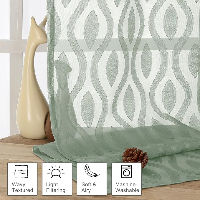 Aiyufeng Green Valance Curtains 14 Inch Length, Chic Wavy Line Clip Jacquard - Image 2