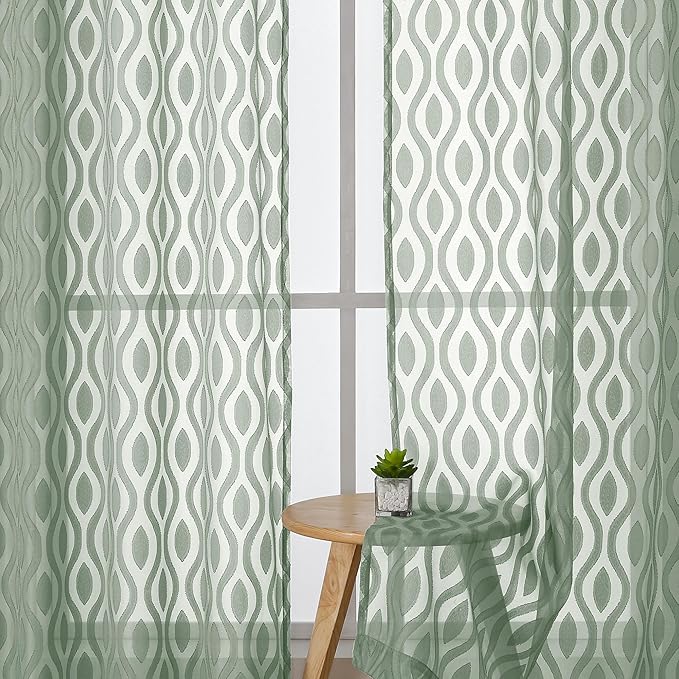 Aiyufeng Green Valance Curtains 14 Inch Length, Chic Wavy Line Clip Jacquard - Image 3