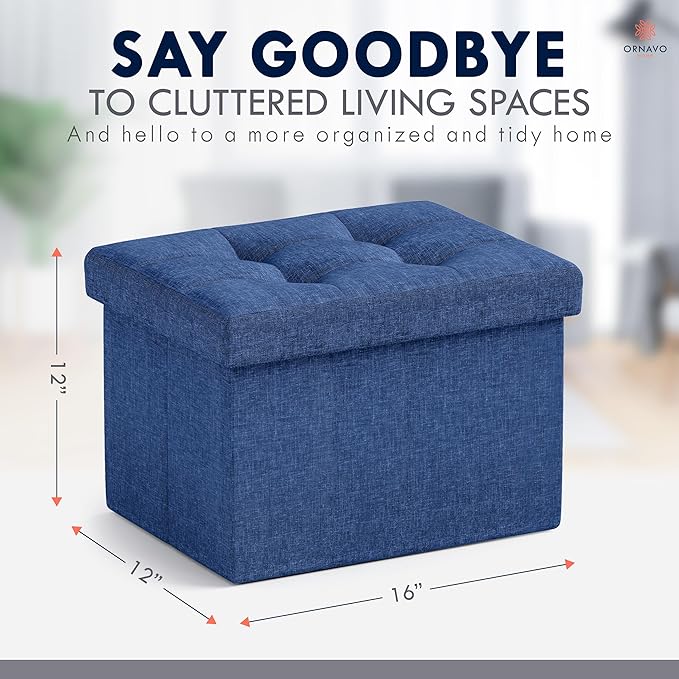 Ornavo Home Small Storage Ottoman, Foldable Collapsible Rectangle Linen Ottoman - Image 2