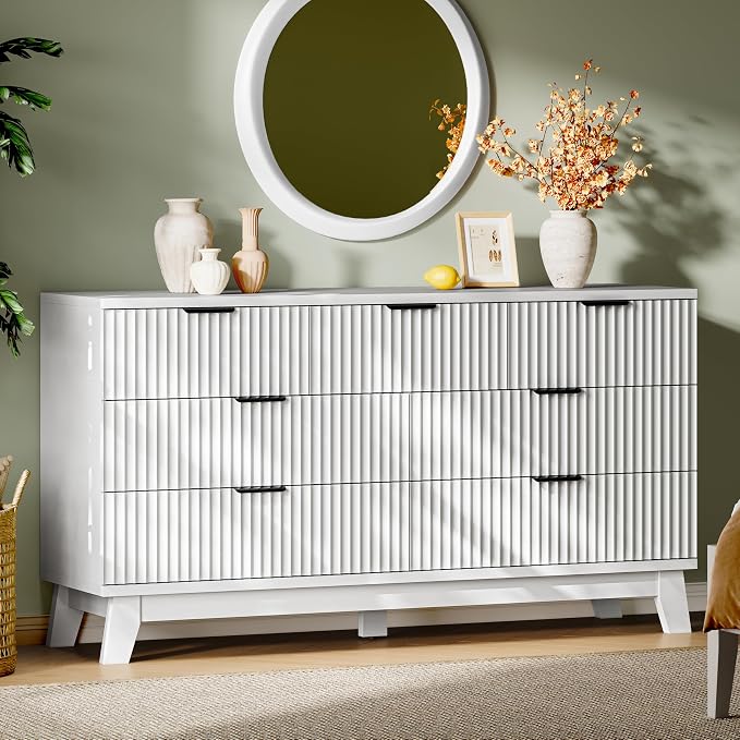Fluted Dresser with 7 Drawers, Wooden Dresser TV Stand, Wood Closet Clothes by Xixini