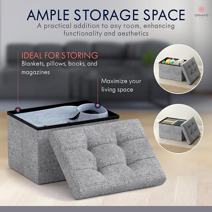 Ornavo Home Small Storage Ottoman Foldable Collapsible Rectangle Linen Ottoman - Image 3
