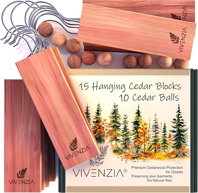 Cedar Blocks for Clothes Storage -25 pcs- Hanging Cedar Planks, Natural Closet by VIVENZIA