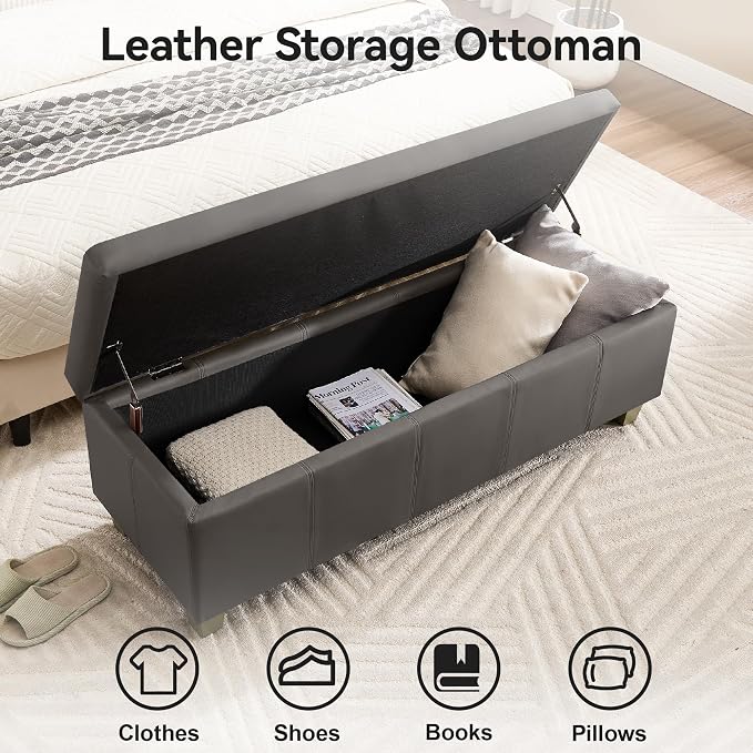 41" Faux Leather Storage Ottoman, Stitch Tufted Rectangle Upholstered End of - Image 3