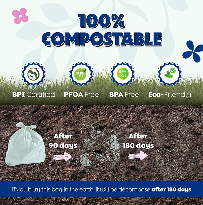 BPI 100% Home Compostable Kitchen Trash Bags, 13 Gallon 1.5 Mil Heavy Duty - Image 5