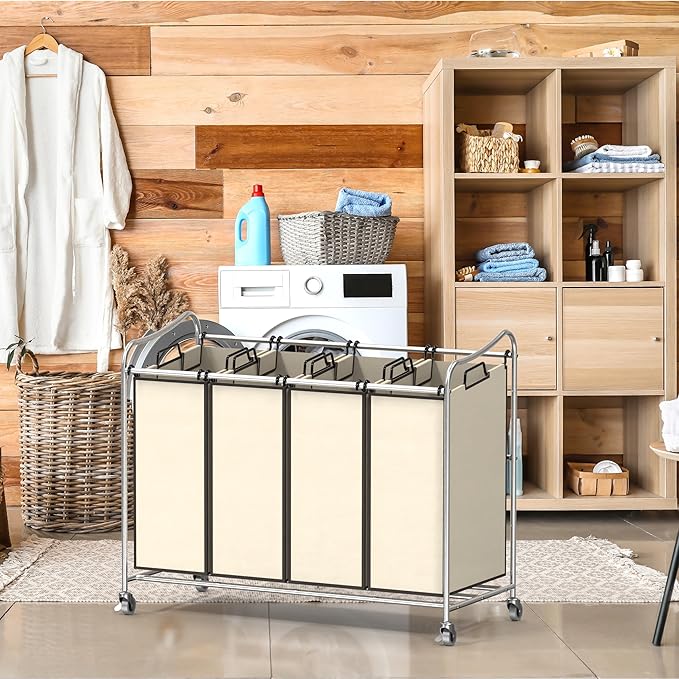 Simple Houseware 4-Bag Heavy Duty Rolling Laundry Sorter Cart - Image 3