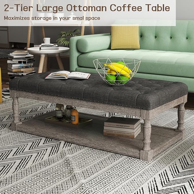 48" Large Ottoman with Storage Coffee Table, Upholstered Tufted Linen Ottoman - Image 4