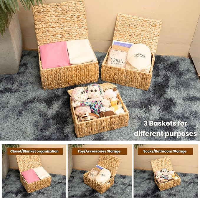 Wicker Storage Baskets with Lid, Set 3 Basket With Lid Decorative Storage - Image 3