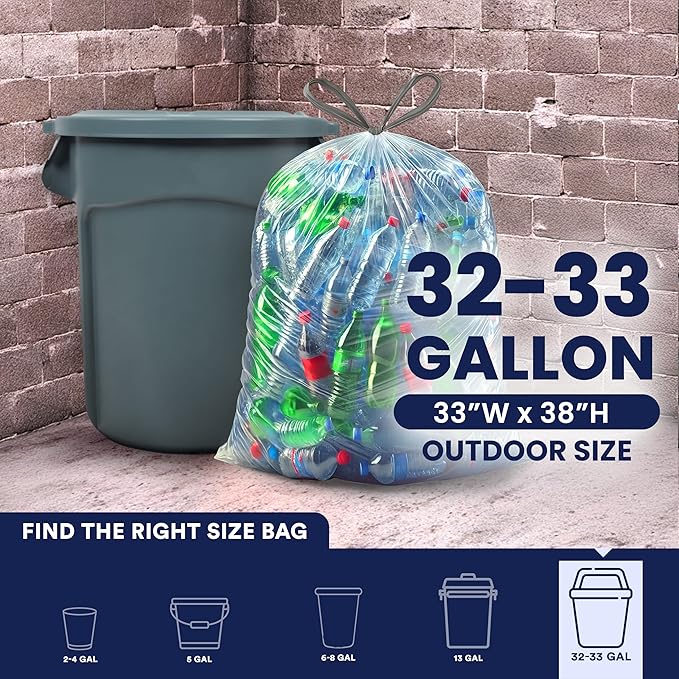 Plasticplace 32-33 Gallon Recycling Bags │ 0.9 Mil │ Clear Drawstring Garbage - Image 3