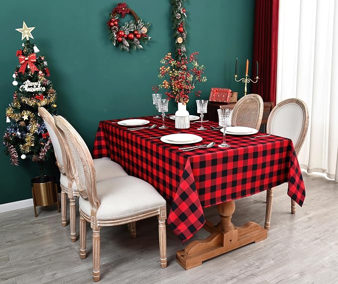 Red Waterproof Plaid Christmas Tablecloth Fabric - Image 8