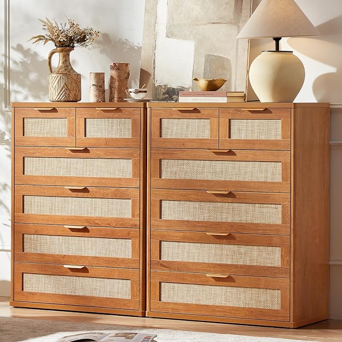 LEYAOYAO Rattan Dresser for Bedroom Set of 2, Modern 6 Drawers Boho Dressers by LEYAOYAO-Findtheshiningpointofyourideallife%EF%BC%81