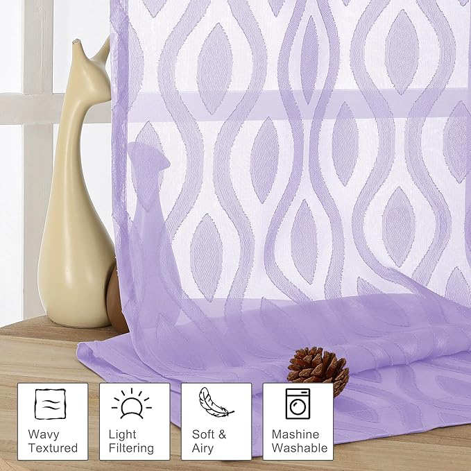 Aiyufeng Light Purple Valances for Windows, Chic Wavy Line Clip Jacquard Voile - Image 2