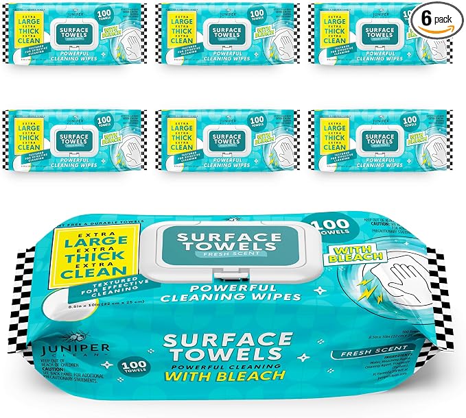 6 Packs Surface Wipes with Bleach, Thick & Large Dispose, All-Purpose Cleaner by JuniperCLEAN