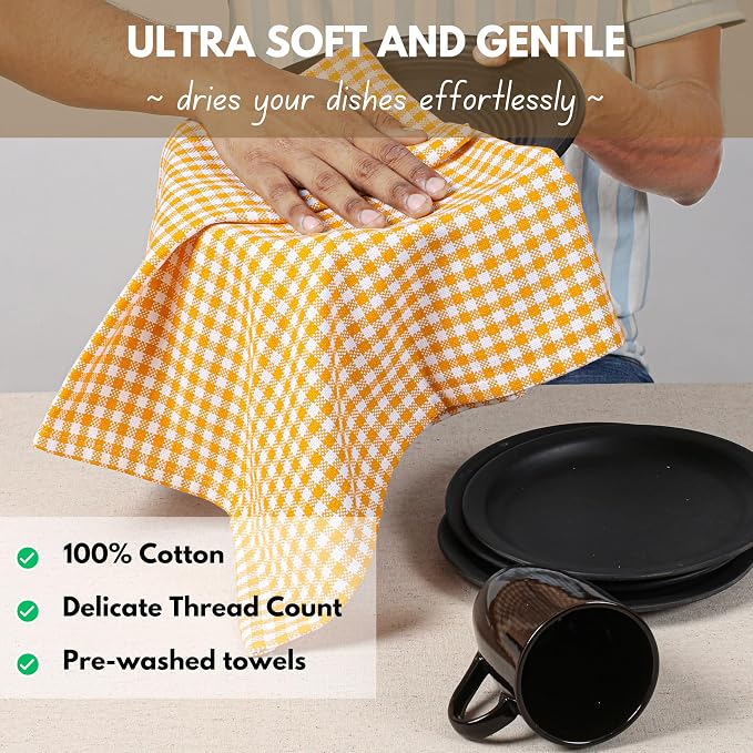 Native Fab 4 Pack Yellow Gingham Cotton Dish Towels 16"x26" - Image 7