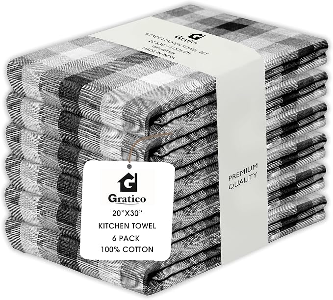 Kitchen Towels Set of 6 Black/White Checks 20x30 Inches 100% Cotton Highly by Gratico