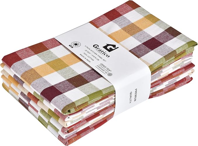 Kitchen Towels Set of 6 Multiolor Buffalo Checks 20X30 Inches, Soft Premium by Gratico