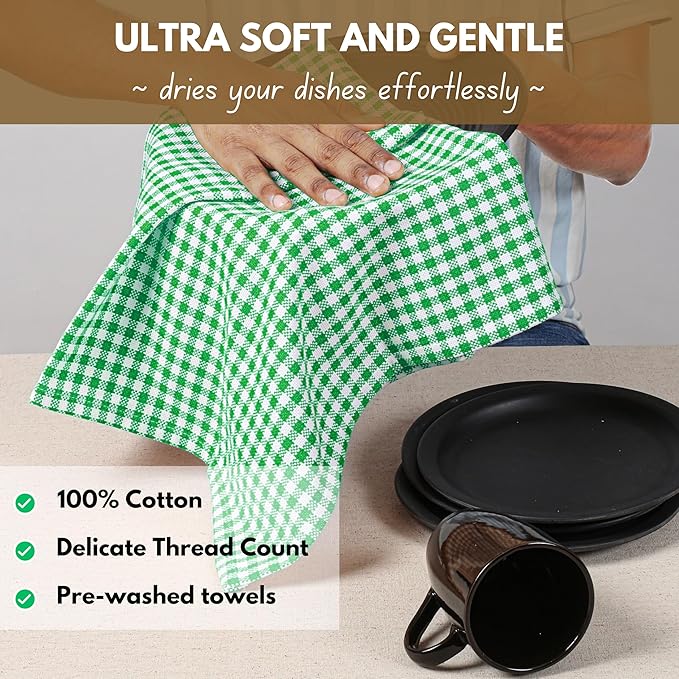 Native Fab Set of 12 Gingham Mini Check Kitchen Towels 16"x26" - Image 5