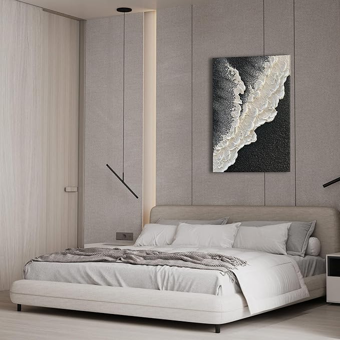 NANKAI Handcrafted Thick Texture Black and White Abstract Canvas Art Ocean Wave - Image 5