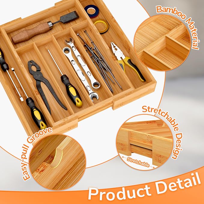 BAMEOS Bamboo Expandable Drawer Organizer, 5-7 Slots Kitchen Drawer Organizer - Image 3